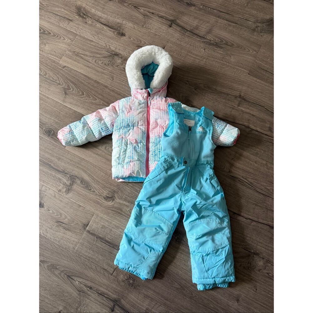 Snozu Toddler Snowsuit Set Size 3T Pink Blue Heart Puffer Jacket Snow Bibs Warm
